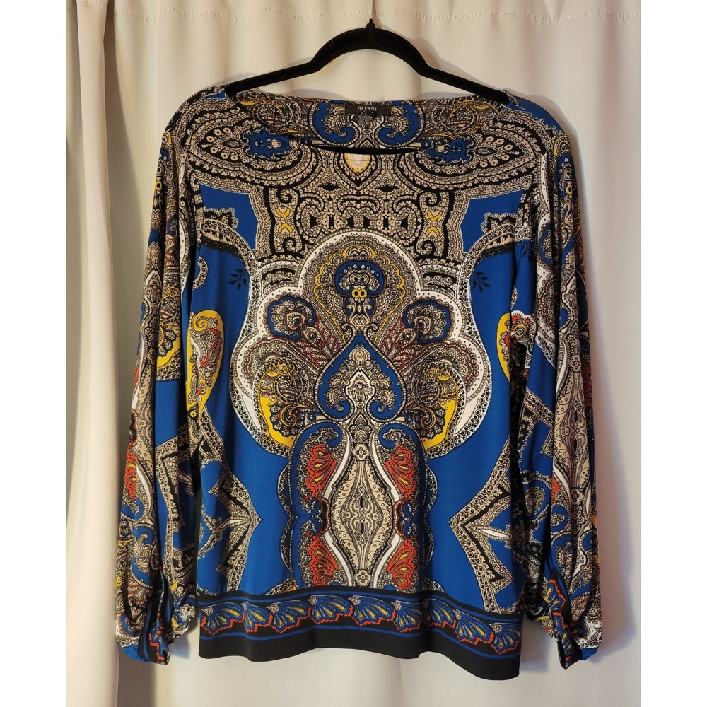 Alfani Baroque Paisley Blouse Blue Petite Medium PM Long Sleeve Top